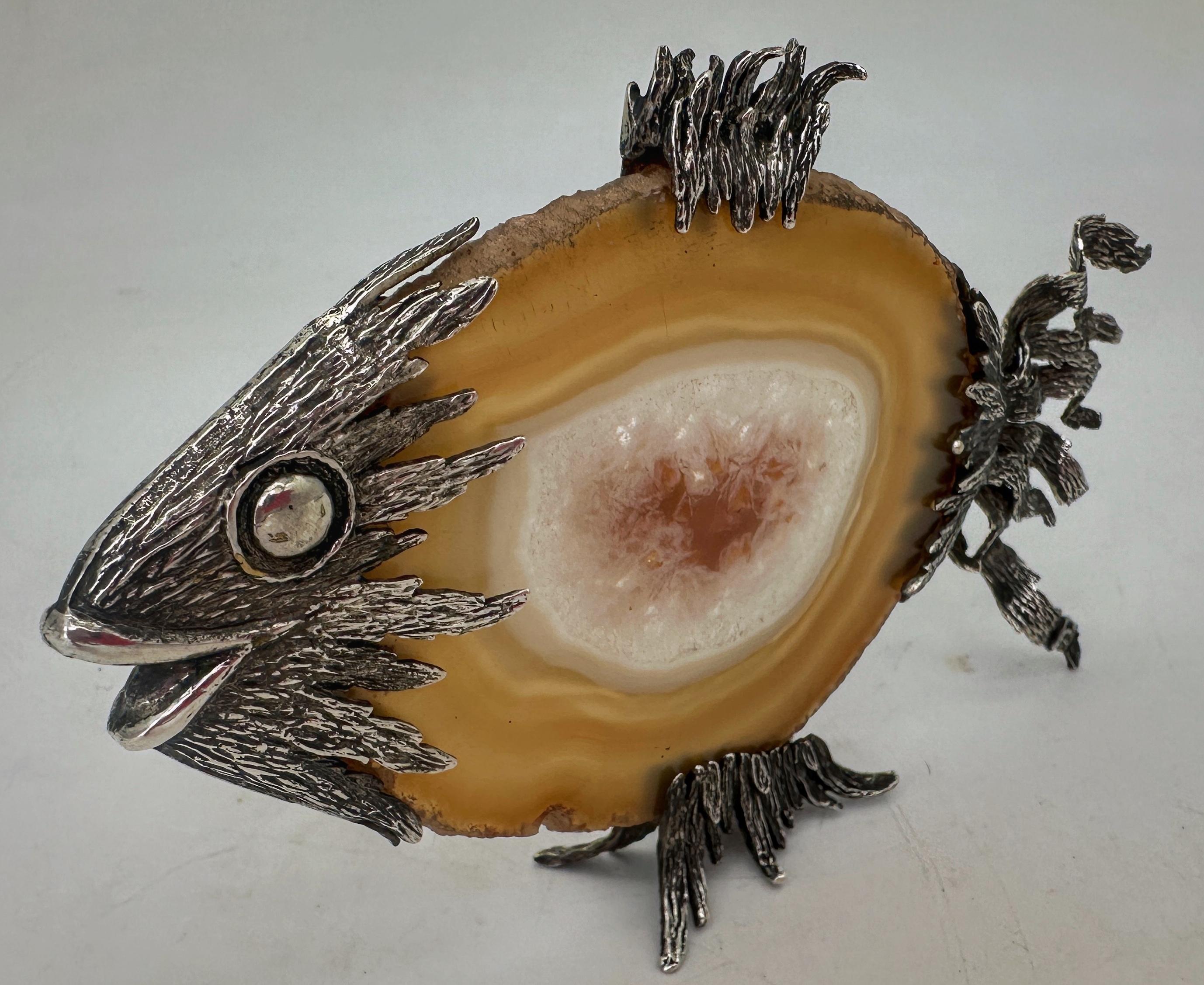 Calco Scultura di pesce in argento sterling e agata lucidata, con marchio, anni '70 in vendita