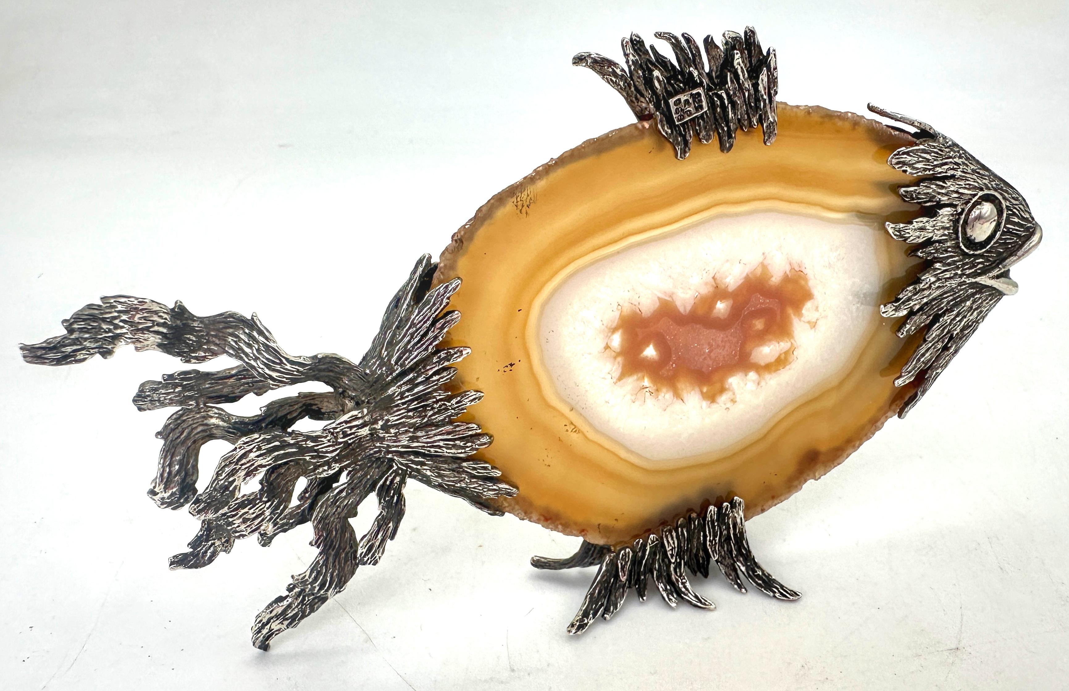 Argento 925 Scultura di pesce in argento sterling e agata lucidata, con marchio, anni '70 in vendita