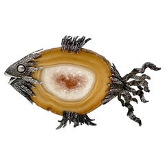 Italian Sterling Silver and Polished Agate Fish Sculpture, Hallmarked, 1970s