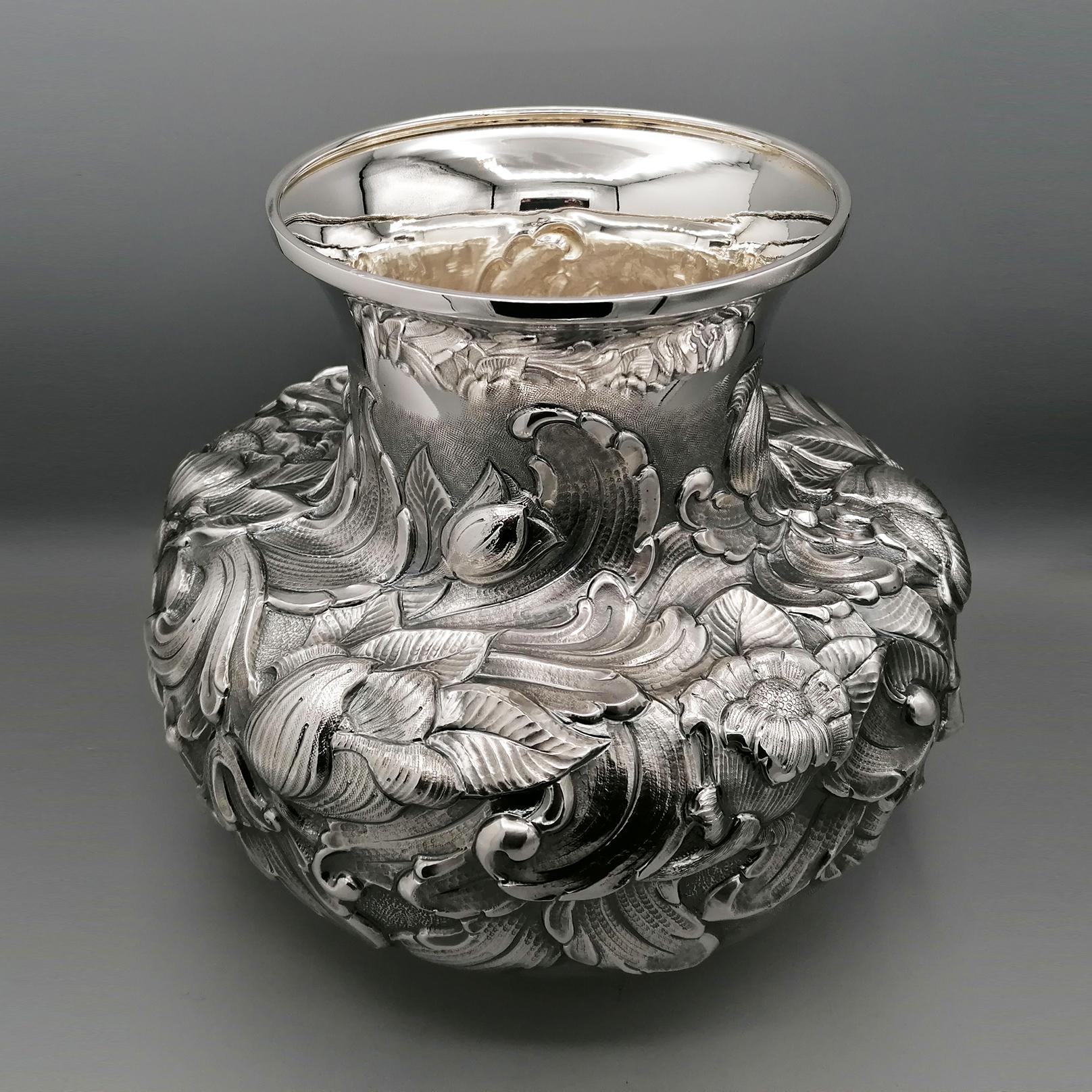Baroque Italian Sterling Silver Embossed Vase For Sale
