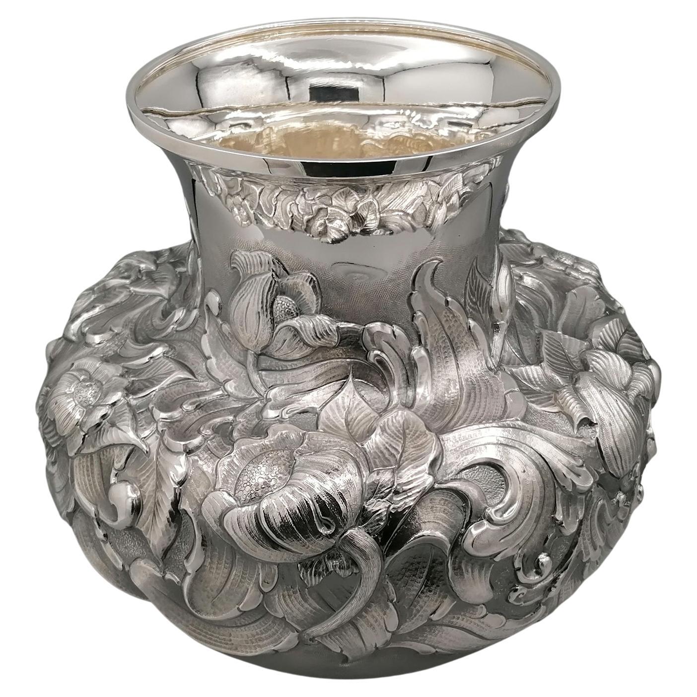 Italian Sterling Silver Embossed Vase For Sale