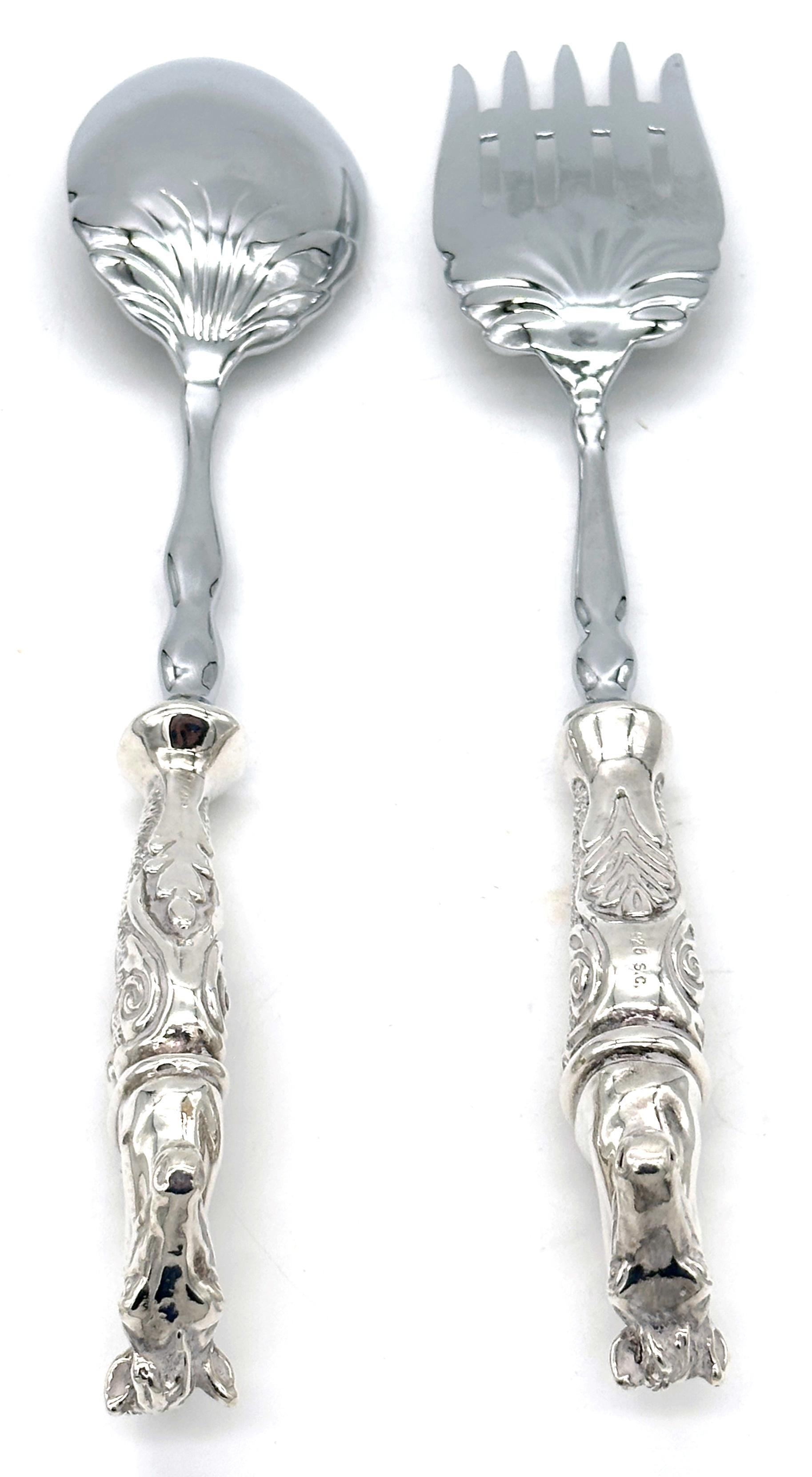 Juego de Ensalada, Tenedor y Cuchara de Plata de Ley Italiana con Cabeza de Caballo Figurada y Chapa de Plata Chapado en plata en venta