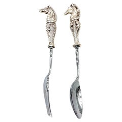 Juego de Ensalada, Tenedor y Cuchara de Plata de Ley Italiana con Cabeza de Caballo Figurada y Chapa de Plata