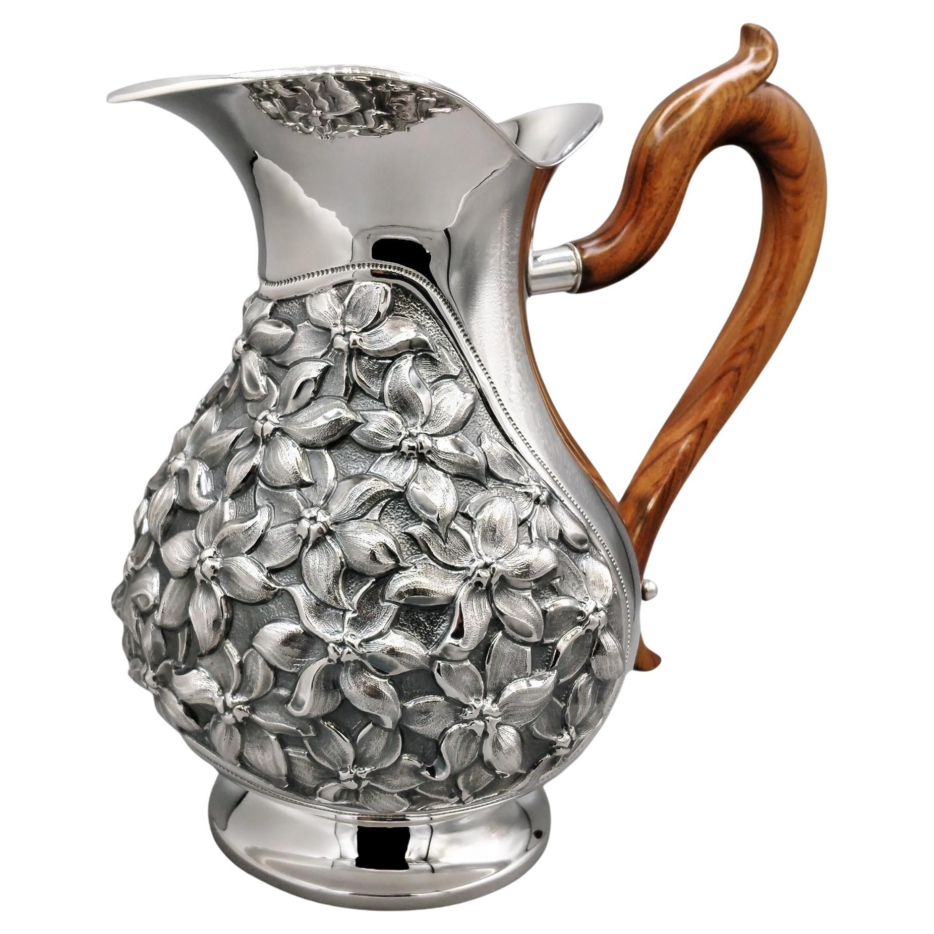 Italian Sterling Silver handcrafted Flowers Embossed Jug with wooden handles