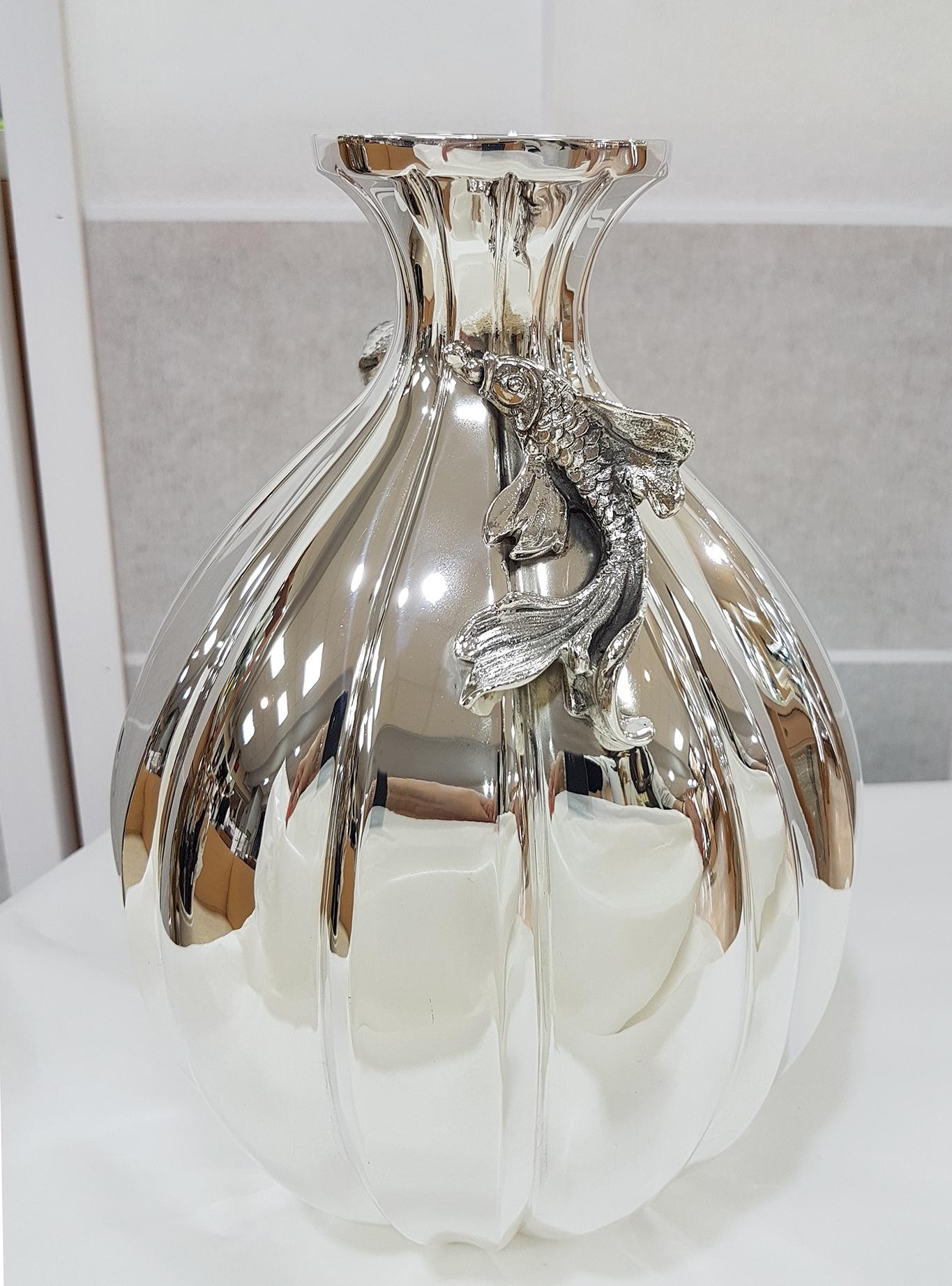 Italian Sterling Silver Handmade Vase with Ceased Strips and Fish For Sale 1