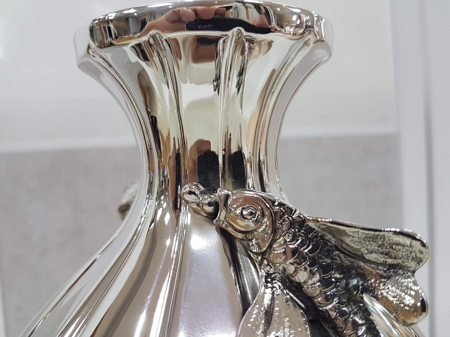 Italian Sterling Silver Handmade Vase with Ceased Strips and Fish For Sale 2