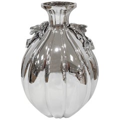 Italian Sterling Silver Handmade Vase with Ceased Strips and Fish