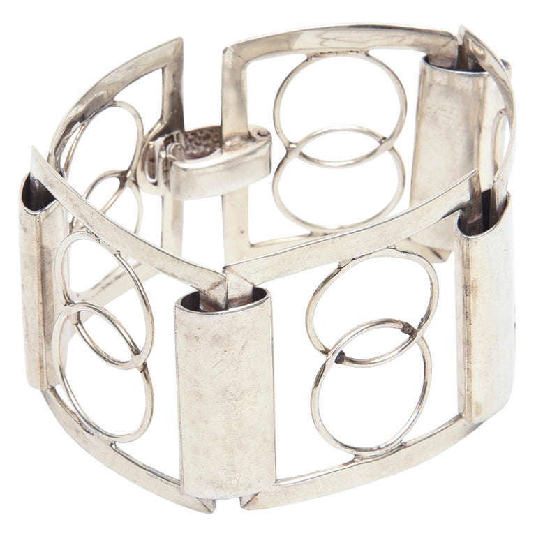 Italian Sterling Silver Modernist Geometric Open Link Cuff Bracelet For Sale at 1stdibs
