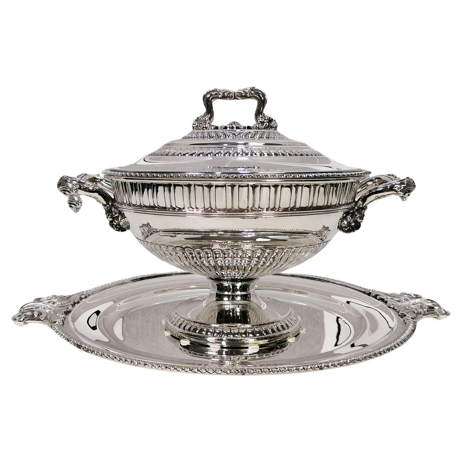 Italian Sterling Silver round Soup Tureen with stand Queen Ann Style For Sale