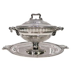 Retro Italian Sterling Silver round Soup Tureen with stand Queen Ann Style