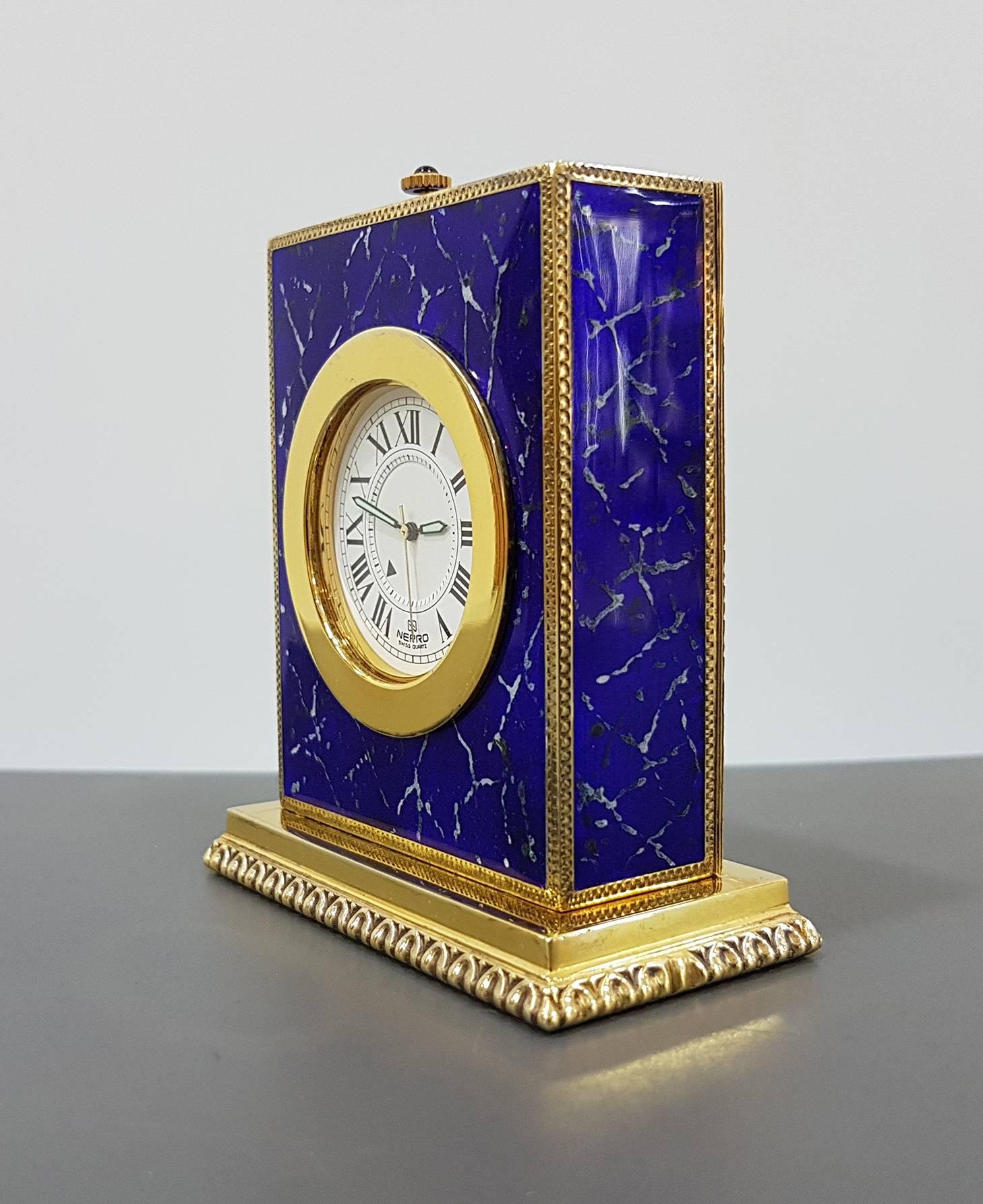 Italian Sterling Silver Table Clock with Enamels as Lapilazuli, Swiss Movement For Sale 12