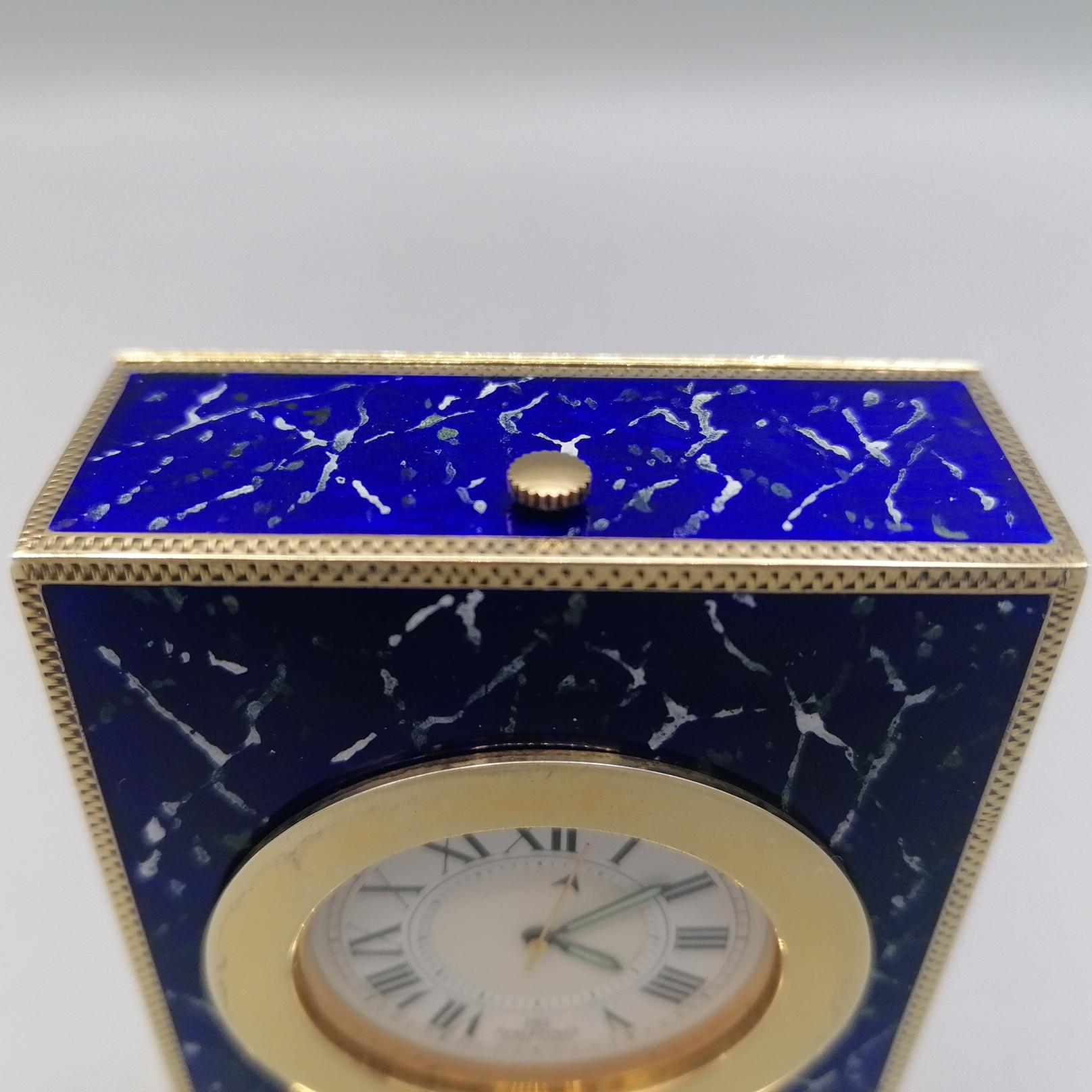 Italian Sterling Silver Table Clock with Enamels as Lapilazuli, Swiss Movement For Sale 3