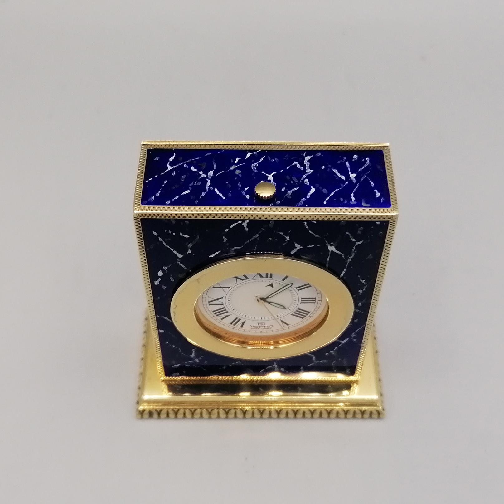 Other Italian Sterling Silver Table Clock with Enamels as Lapilazuli, Swiss Movement For Sale