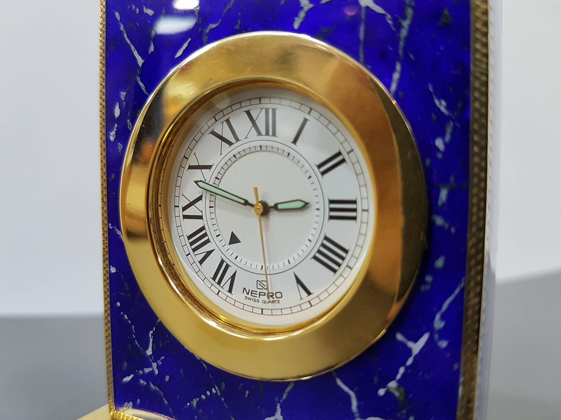 Italian Sterling Silver Table Clock with Enamels as Lapilazuli, Swiss Movement For Sale 7