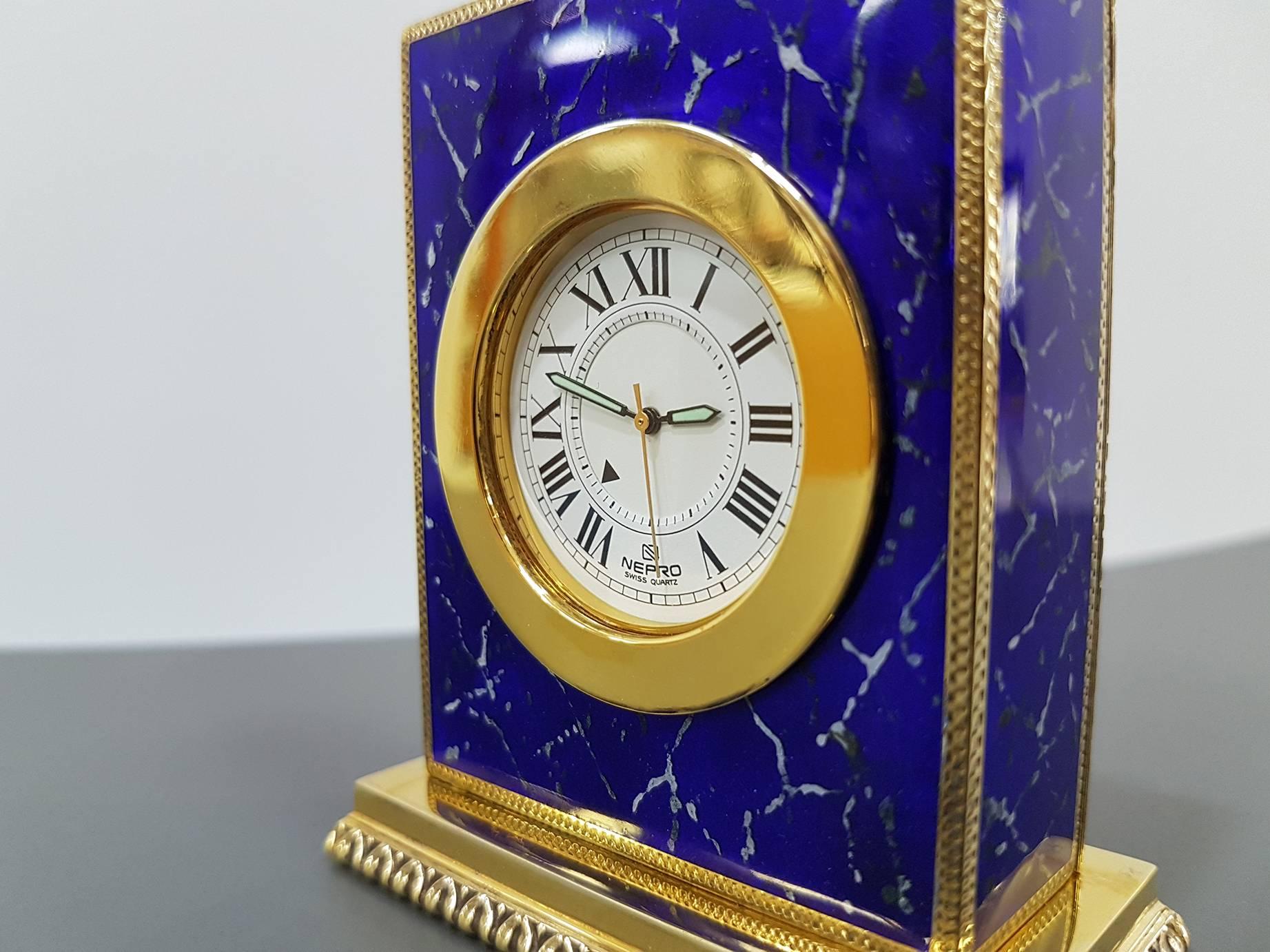 Italian Sterling Silver Table Clock with Enamels as Lapilazuli, Swiss Movement For Sale 8