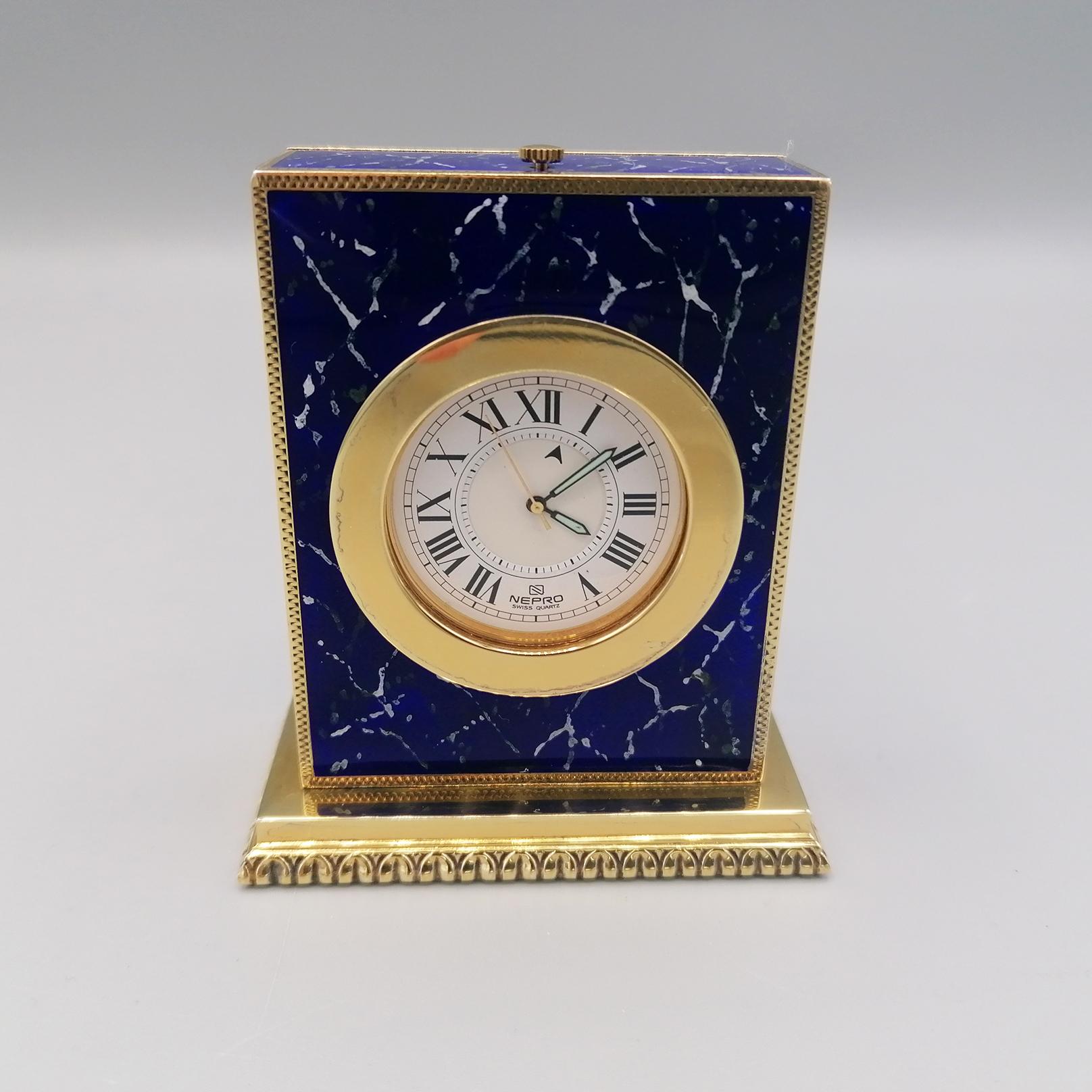 Italian Sterling Silver Table Clock with Enamels as Lapilazuli, Swiss Movement For Sale 2