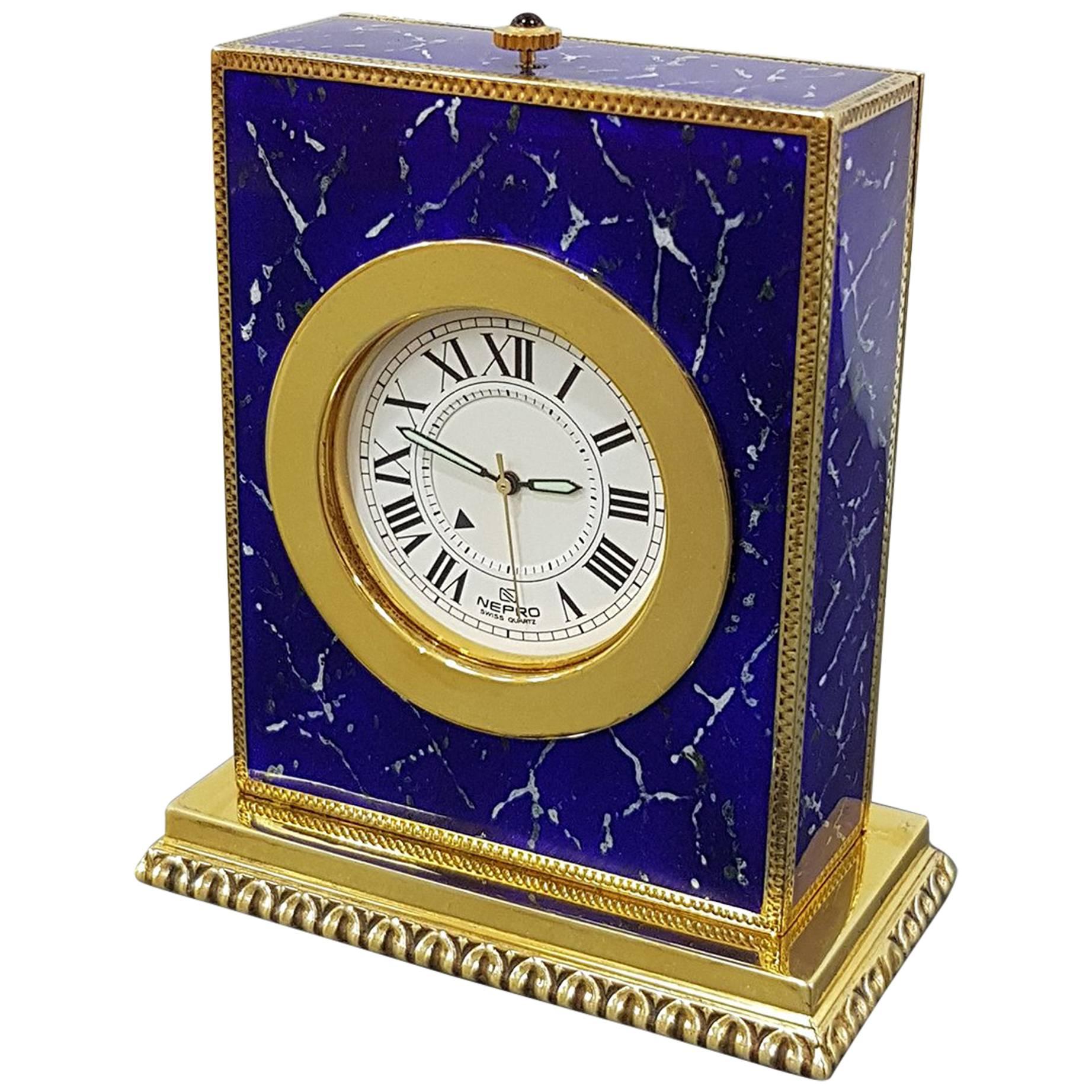 Italian Sterling Silver Table Clock with Enamels as Lapilazuli, Swiss Movement