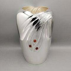 Italian Sterling silver vase with feathers design and carnelian stones