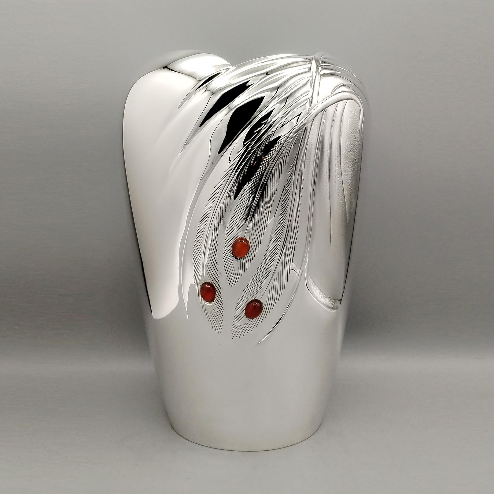 Other Italian Sterling silver vase with feathers design and carnelian stones For Sale