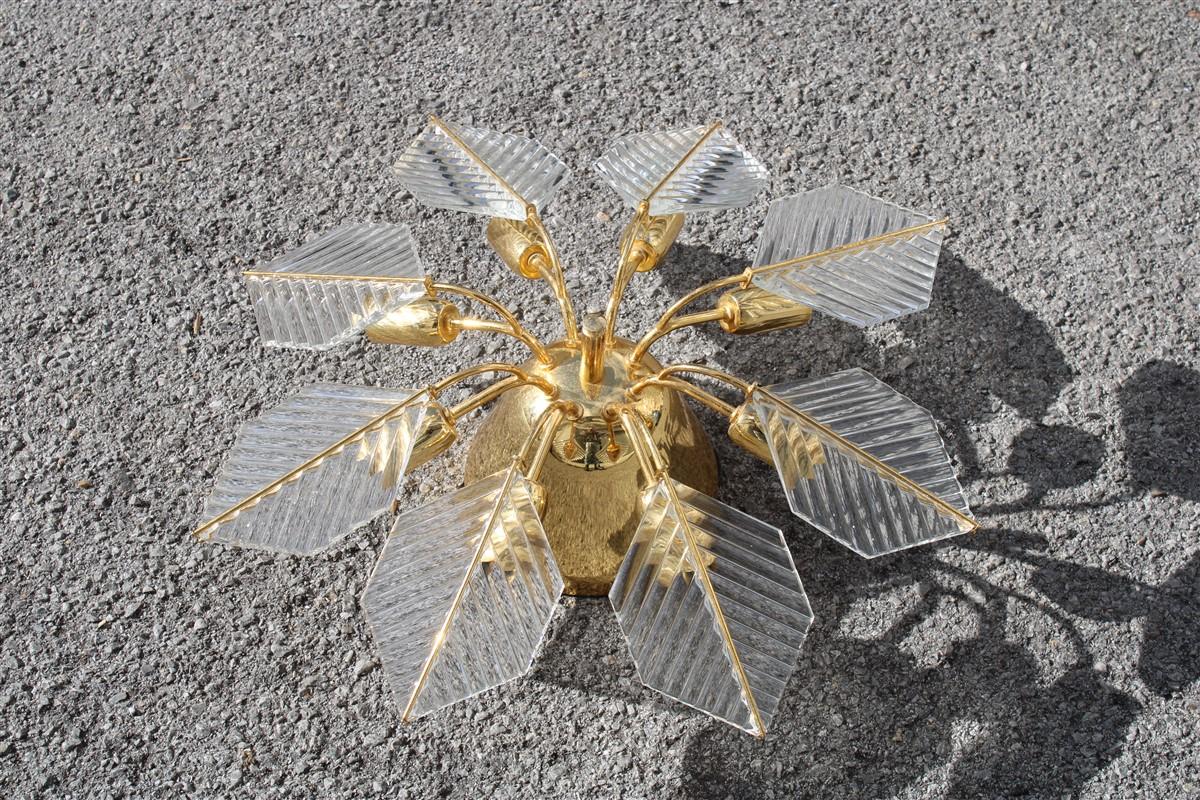 Italian Stilkronen Cahndelier brass gold and crystal leaf 1970.