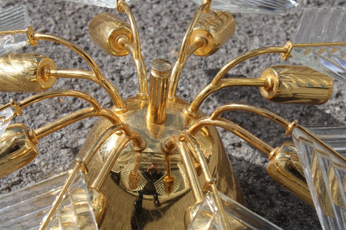 Late 20th Century Italian Stilkronen Cahndelier Brass Gold and Crystal Leaf 1970 For Sale