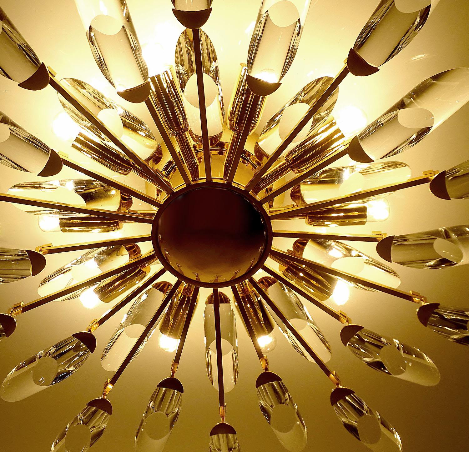 Italian Stilkronen Sunburst Gilded Crystal Flush Light, Sciolari Kinkeldey Era 4