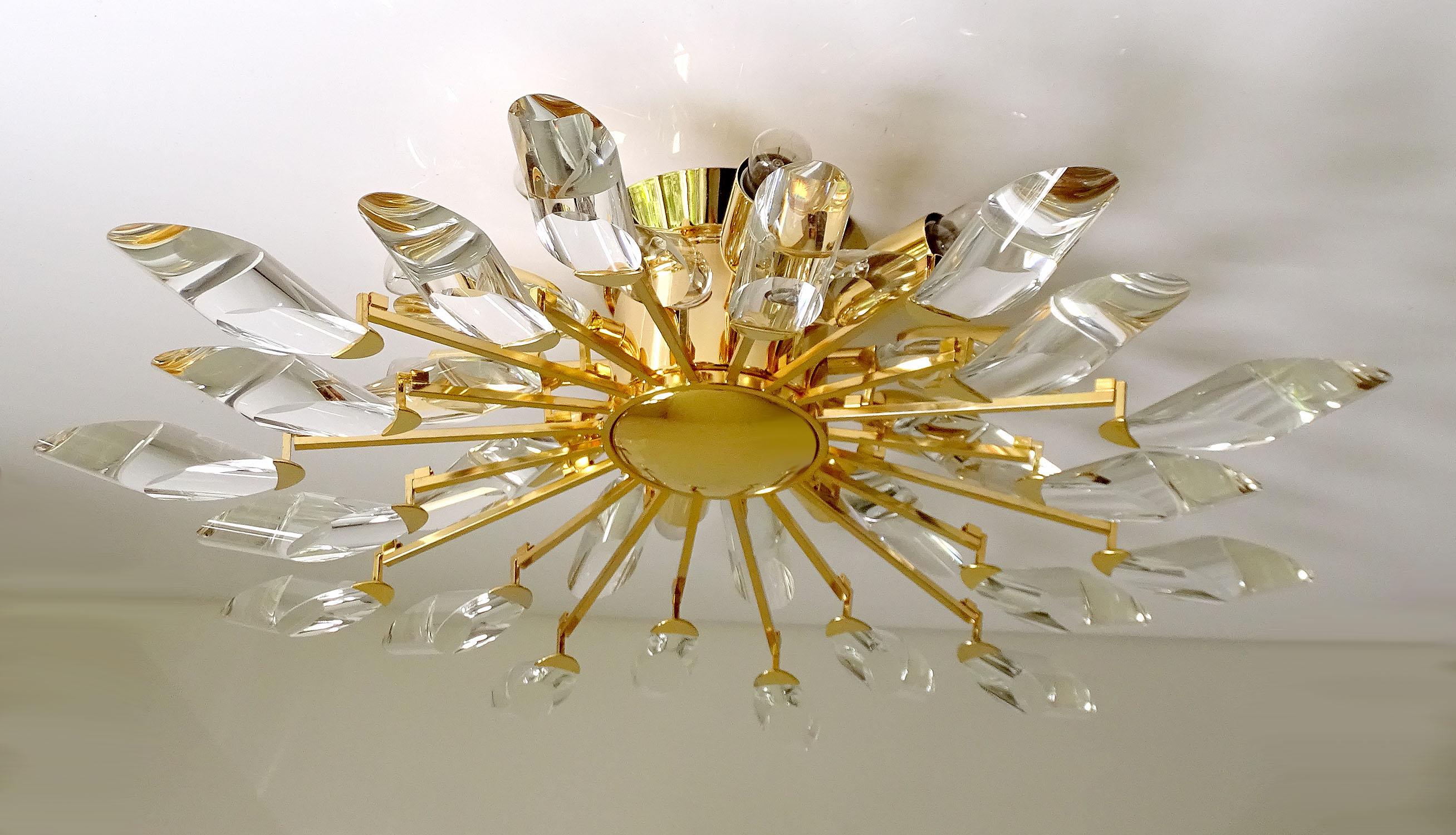 Italian Stilkronen Sunburst Gilded Crystal Flush Light, Sciolari Kinkeldey Era 5