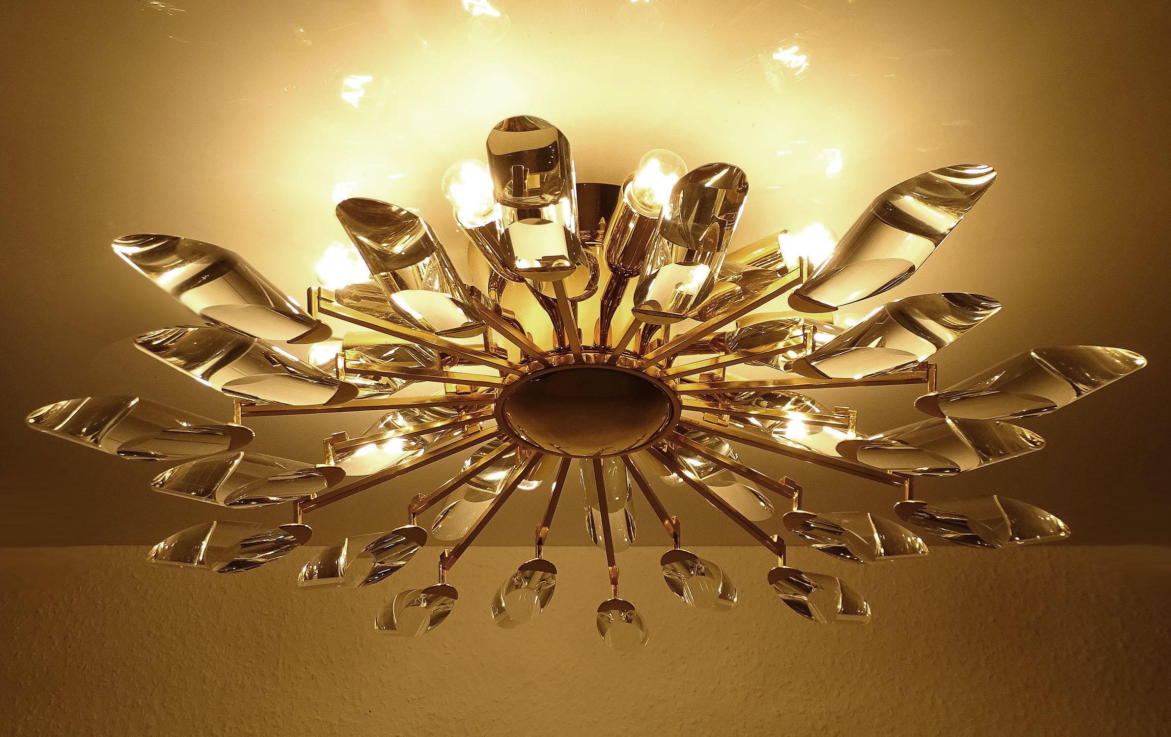 Italian Stilkronen Sunburst Gilded Crystal Flush Light, Sciolari Kinkeldey Era 7