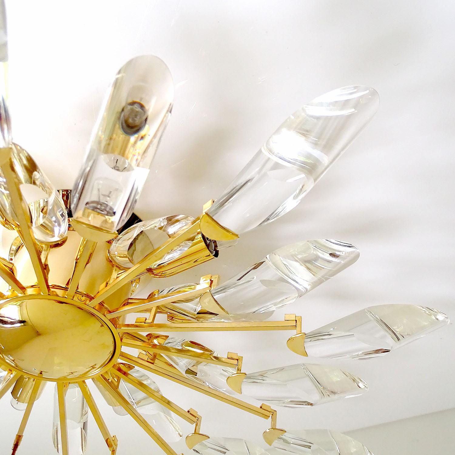 Italian Stilkronen Sunburst Gilded Crystal Flush Light, Sciolari Kinkeldey Era 10