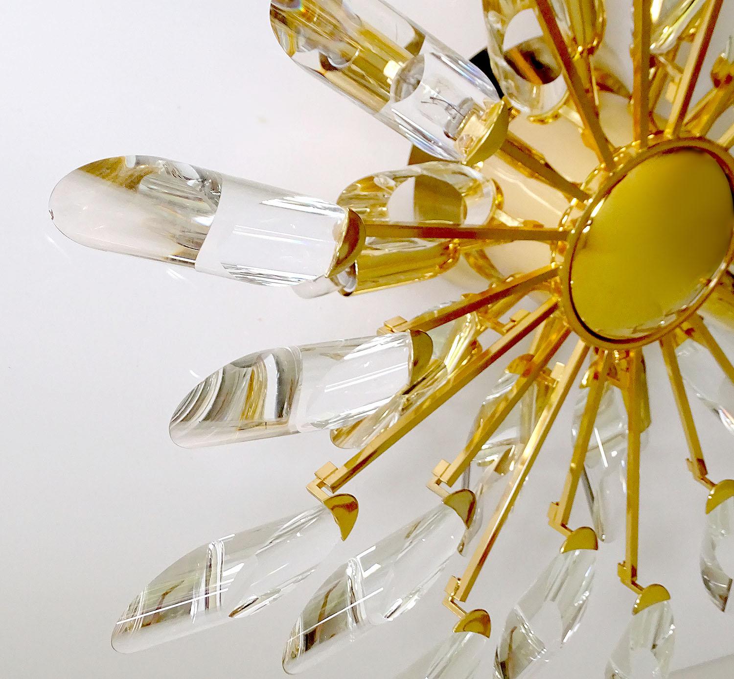 Italian Stilkronen Sunburst Gilded Crystal Flush Light, Sciolari Kinkeldey Era 11