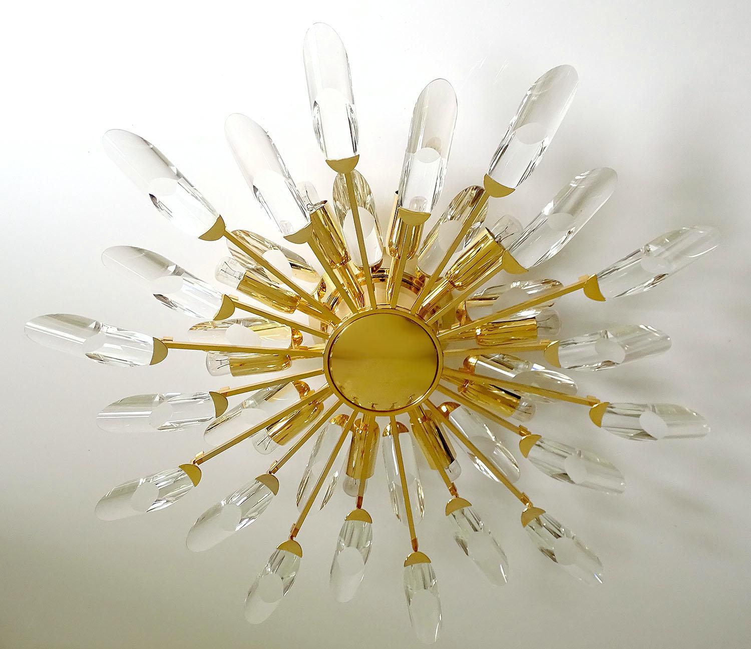 Mid-Century Modern Italian Stilkronen Sunburst Gilded Crystal Flush Light, Sciolari Kinkeldey Era