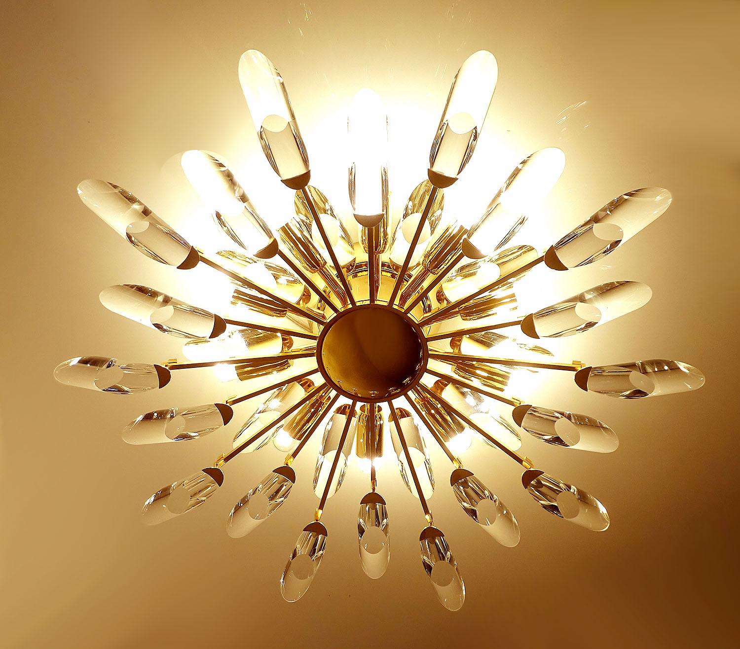 Italian Stilkronen Sunburst Gilded Crystal Flush Light, Sciolari Kinkeldey Era In Excellent Condition In Bremen, DE