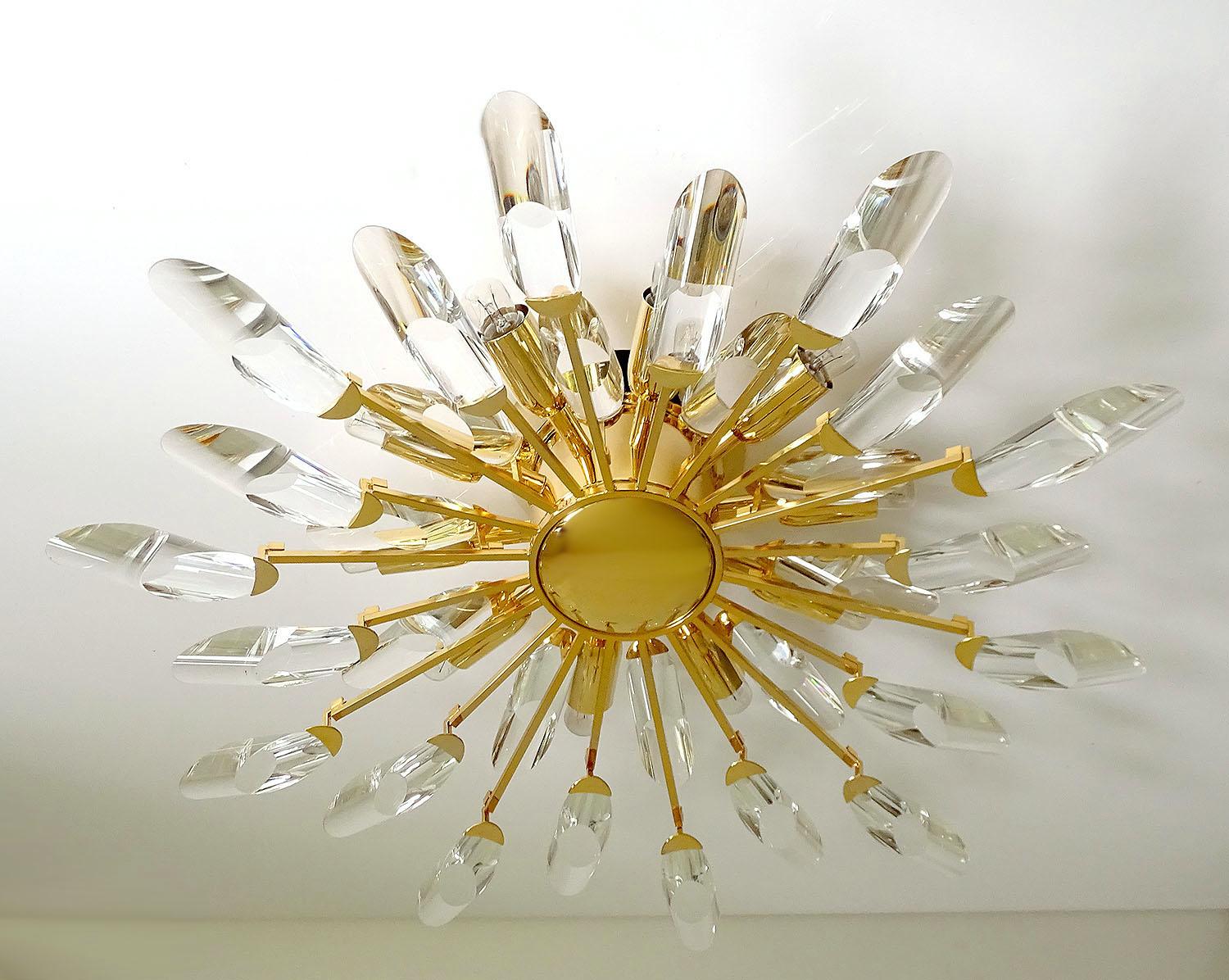 Late 20th Century Italian Stilkronen Sunburst Gilded Crystal Flush Light, Sciolari Kinkeldey Era