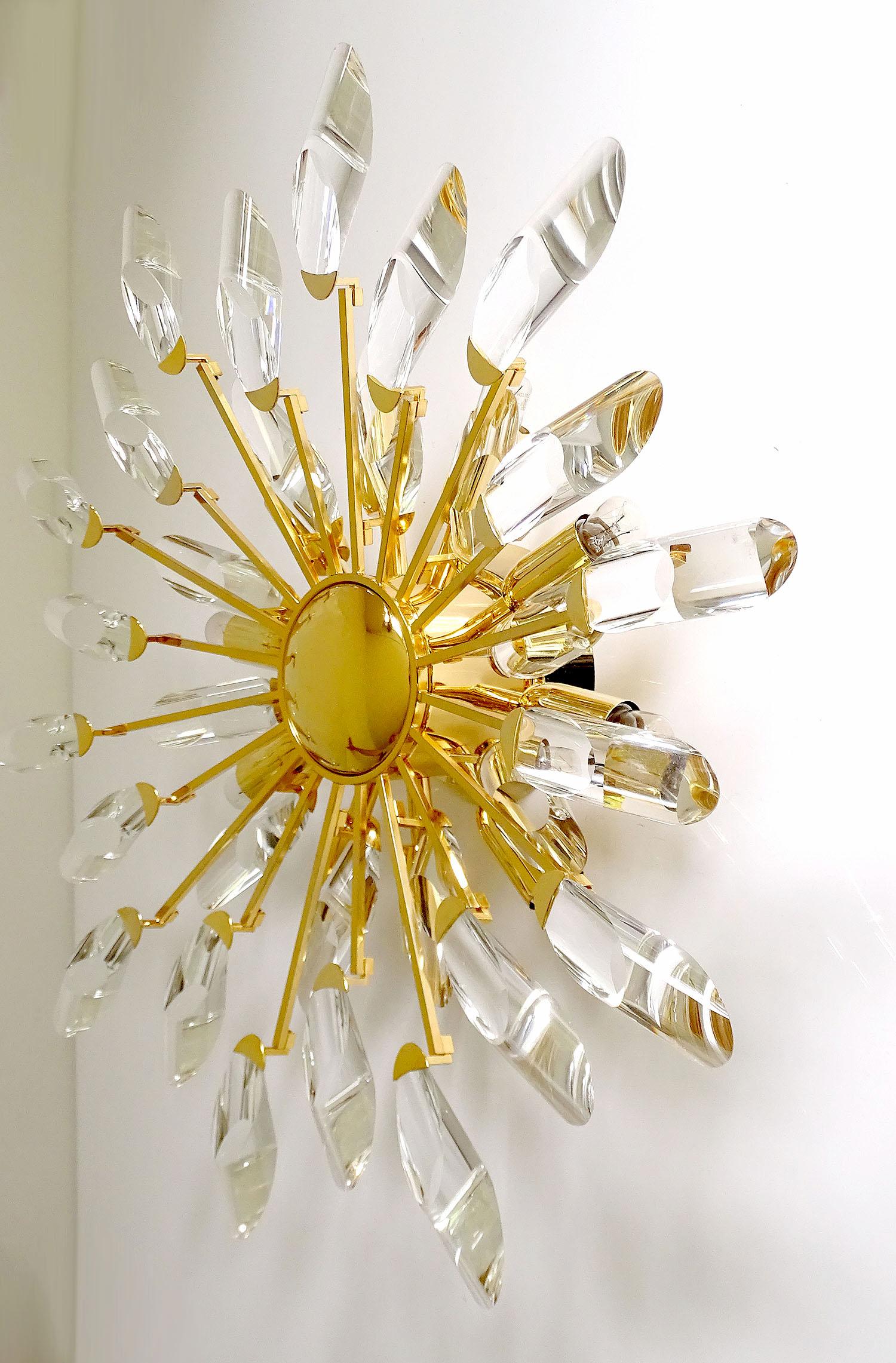 Brass Italian Stilkronen Sunburst Gilded Crystal Flush Light, Sciolari Kinkeldey Era