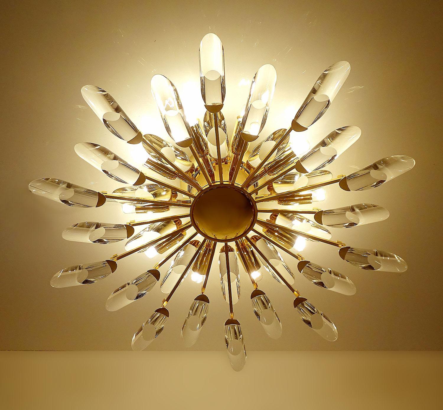 Italian Stilkronen Sunburst Gilded Crystal Flush Light, Sciolari Kinkeldey Era 1