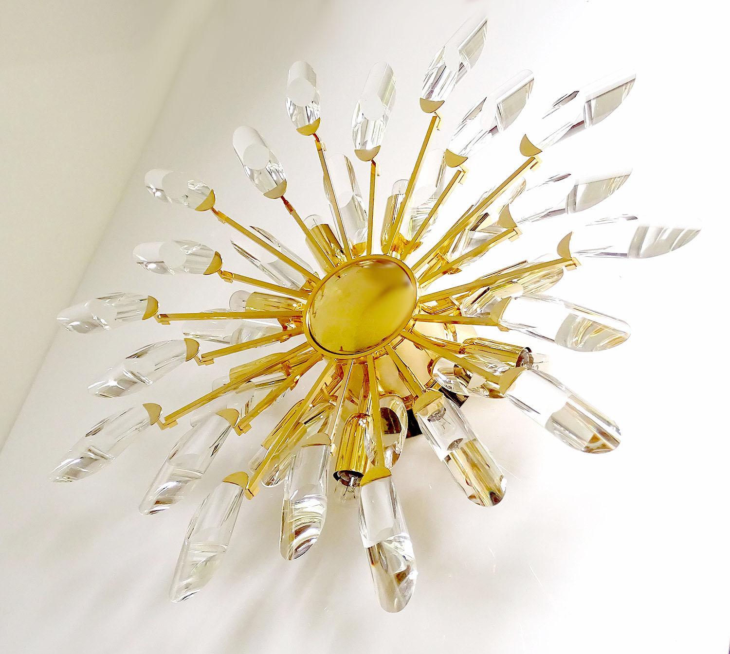 Italian Stilkronen Sunburst Gilded Crystal Flush Light, Sciolari Kinkeldey Era 3