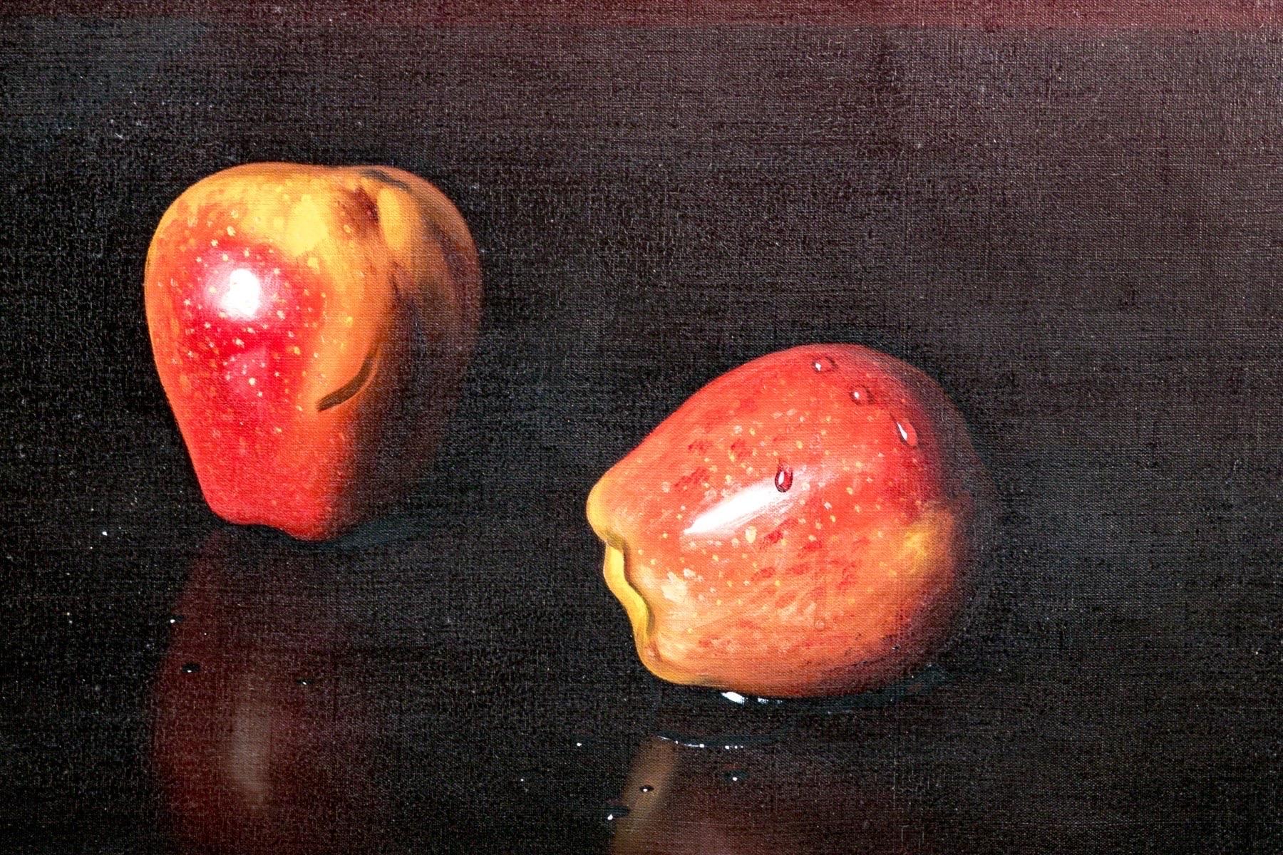 P. Fortunato (Italie, C.I.C.) Huile sur toile, Nature morte avec trois pommes et des livres reliés en cuir

Une fabuleuse nature morte peinte à l'huile sur toile représentant trois pommes rouges sur une table avec deux livres reliés en