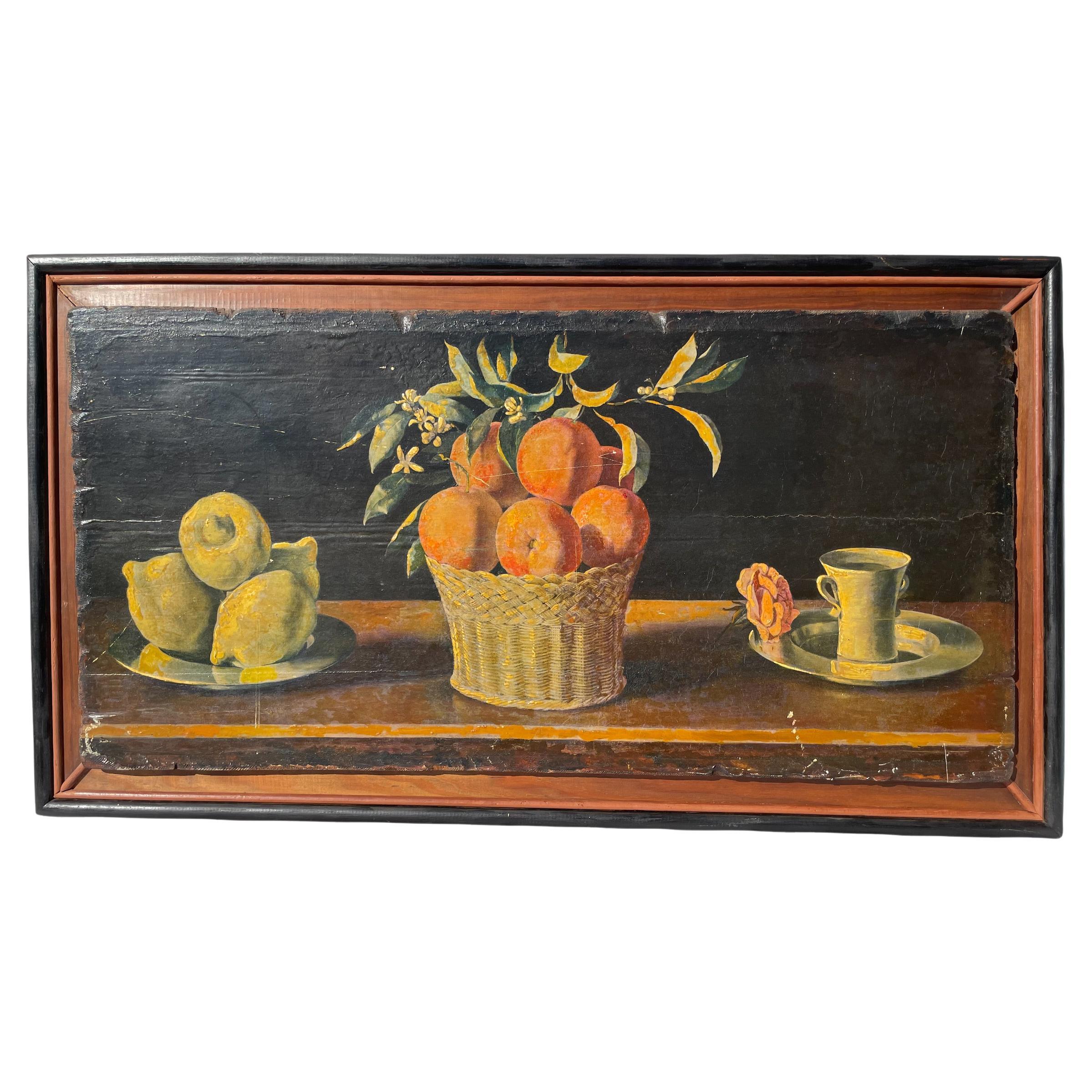 Italian Still Life "Citrus" Oil on Wooden Panel For Sale