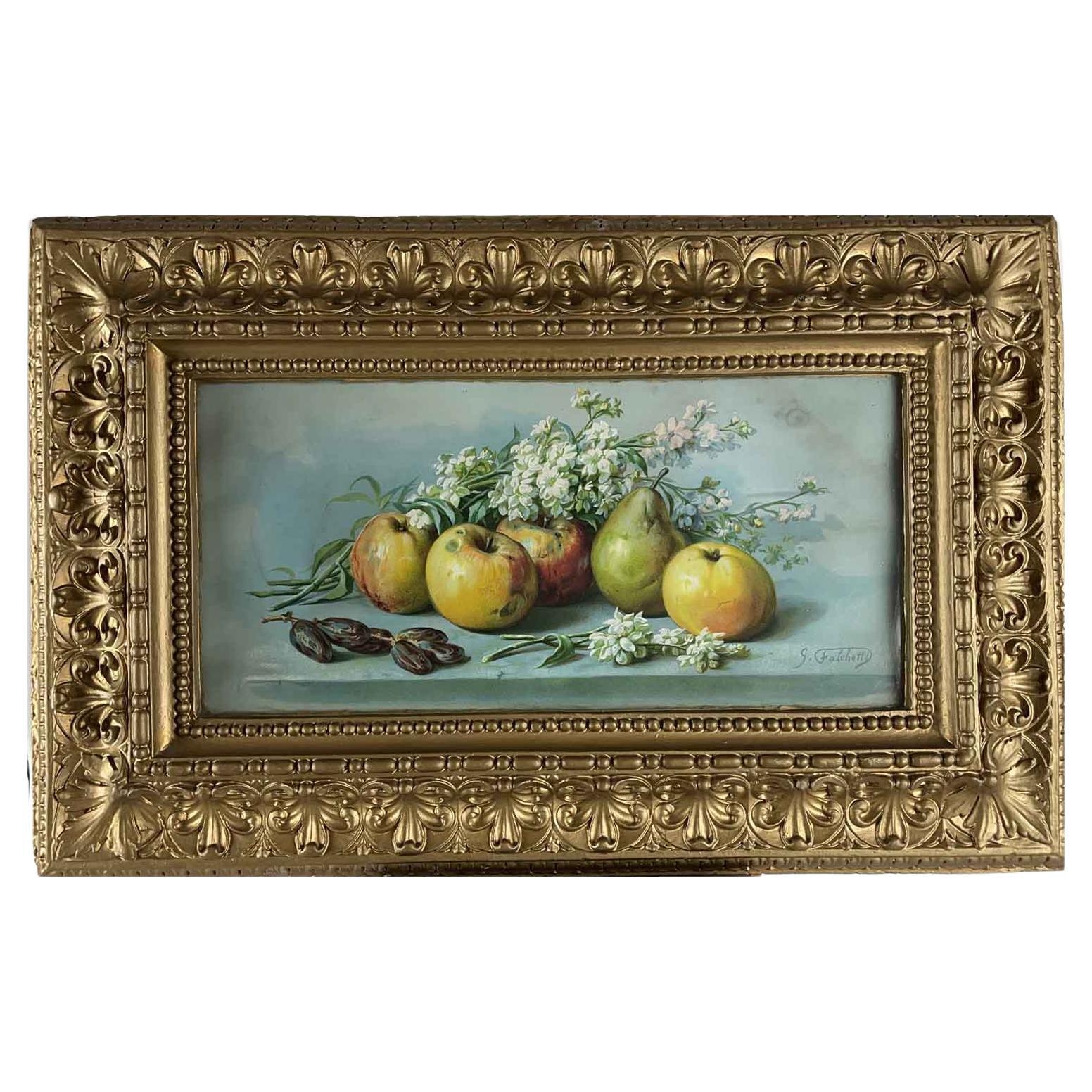 Italian Still Life of Fruit and Flowers 1900s by Falchetti Giuseppe For Sale