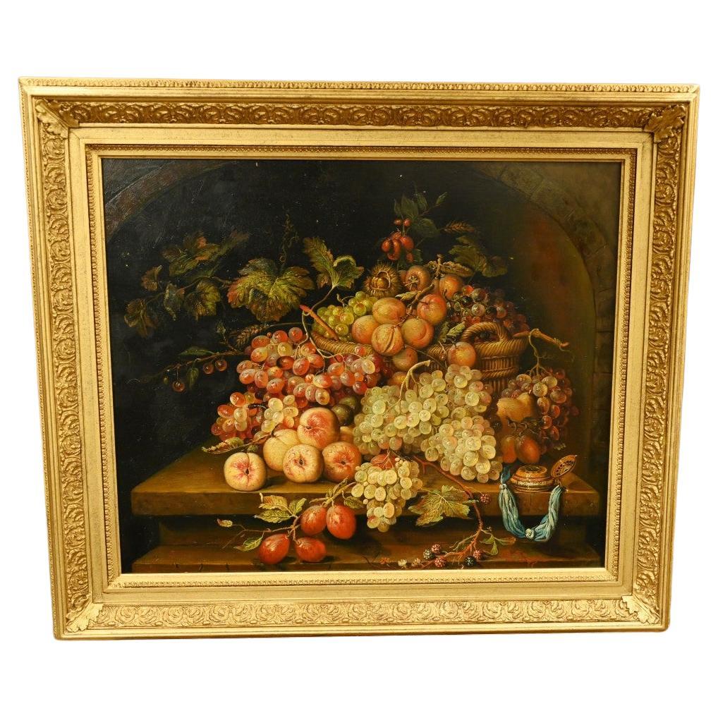 Nature morte à l'huile italienne, panier de fruits Art signé en vente