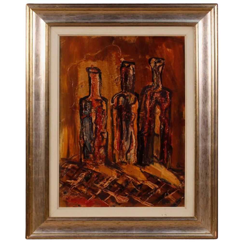 Italian painting from the second half of the 20th century. Mixed-media framework on cardboard depicting still life with bottles in Impressionist style. Painting of great measure and impact for antique dealers and interior designers. Silvered wooden