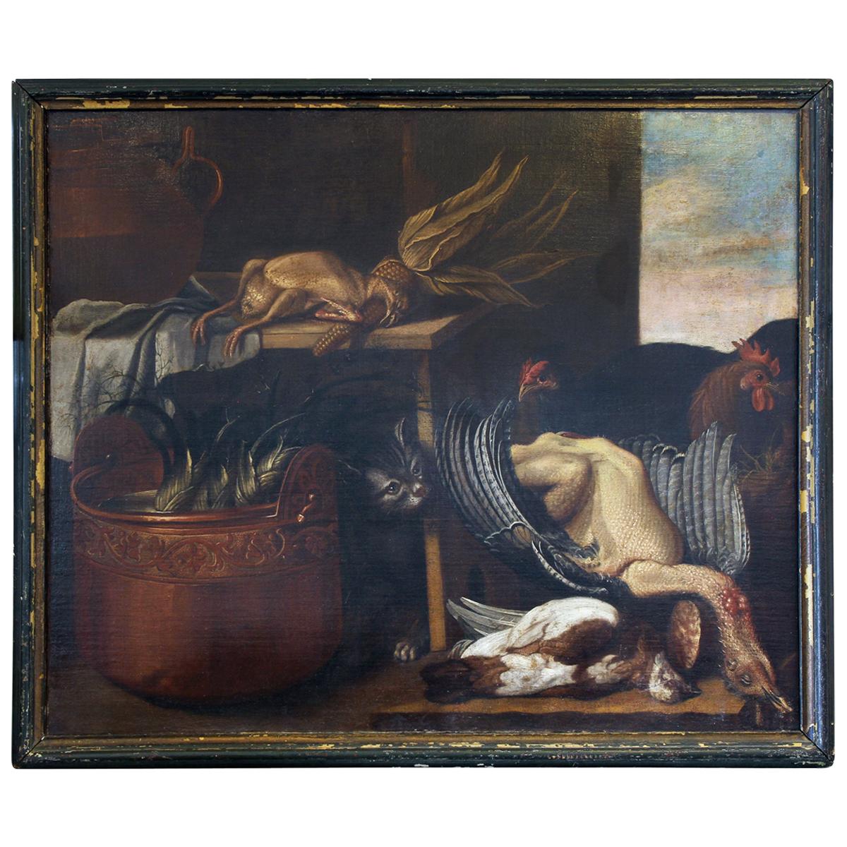 Italian Still Life Painting of a Cat with Game For Sale