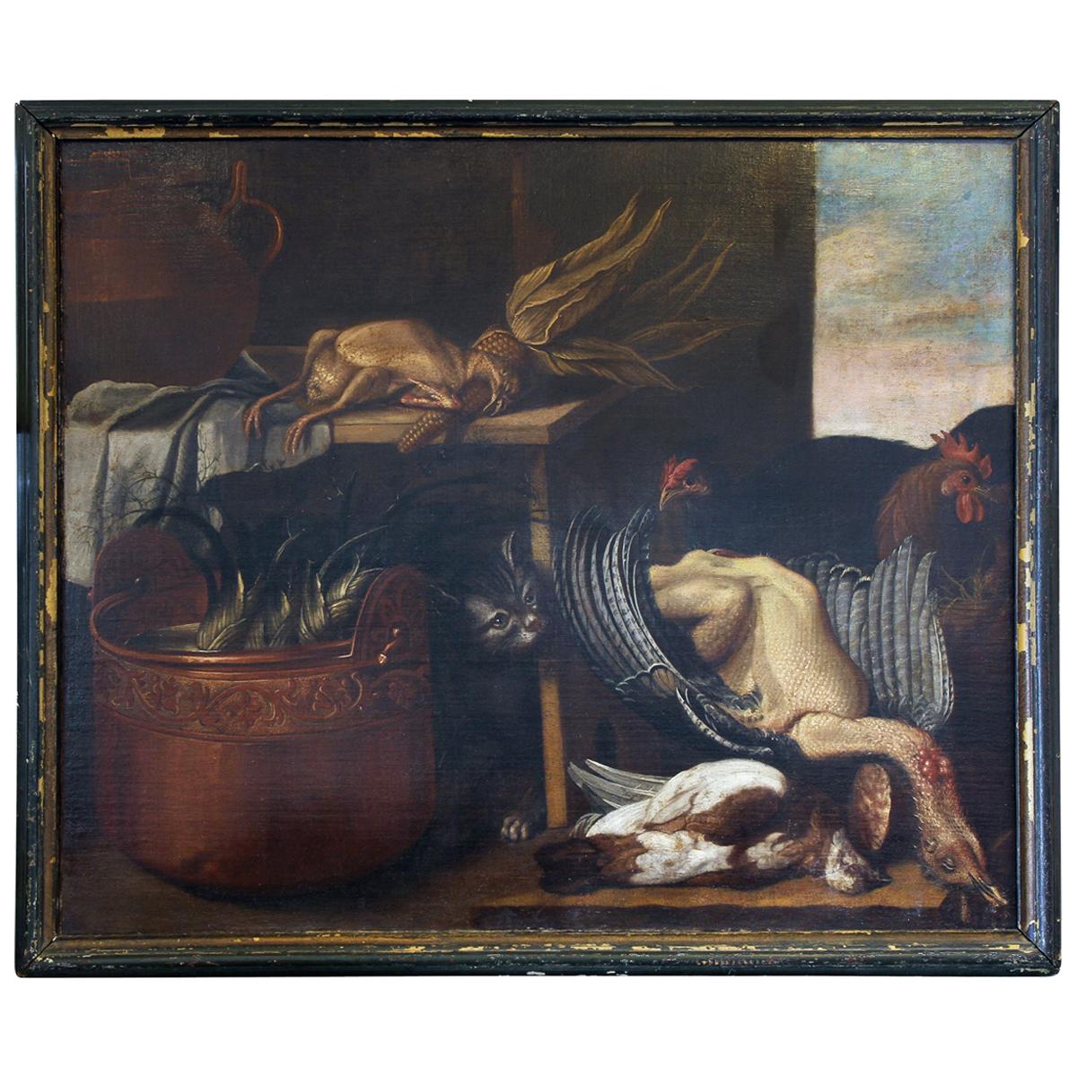 Pittura italiana di natura morta con gatto e selvaggina
