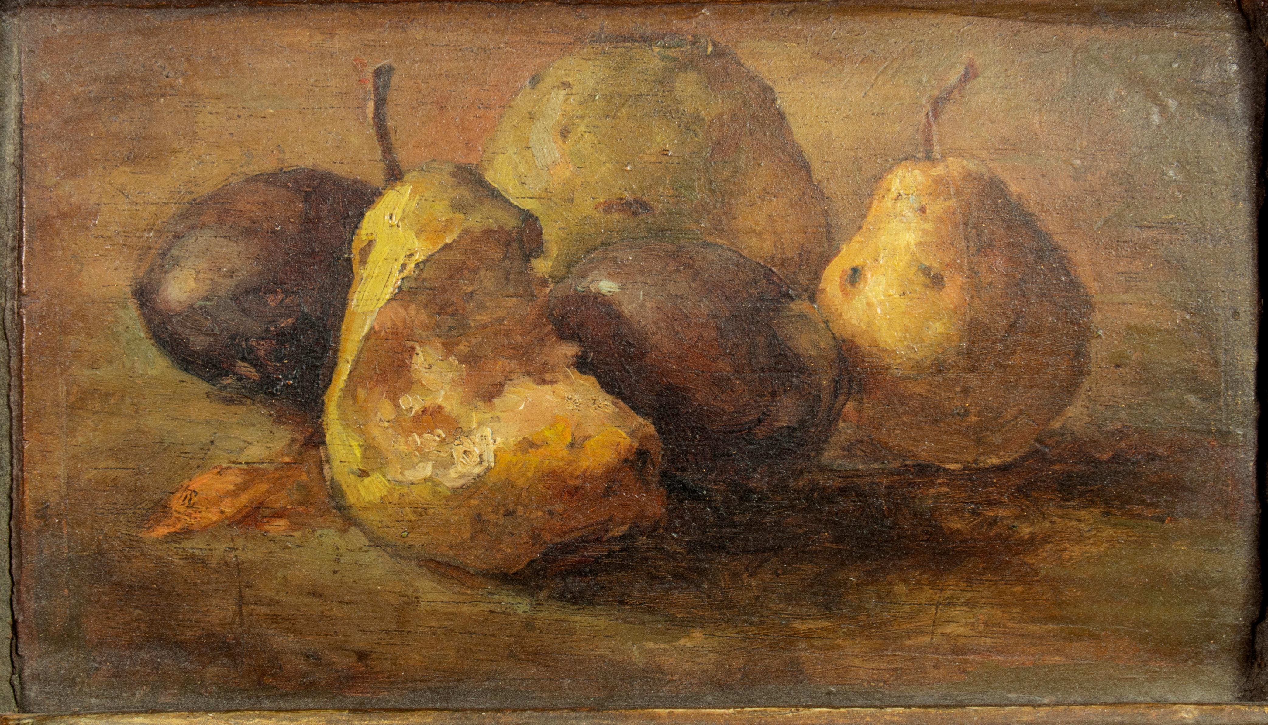In a period gilt wood frame. Painting on wood panel of plums and pears.