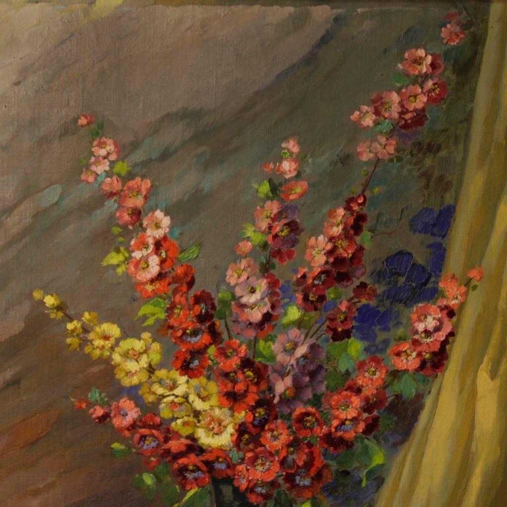 Carved Italian Still Life Painting Vase with Flowers Oil on Canvas from 20th Century