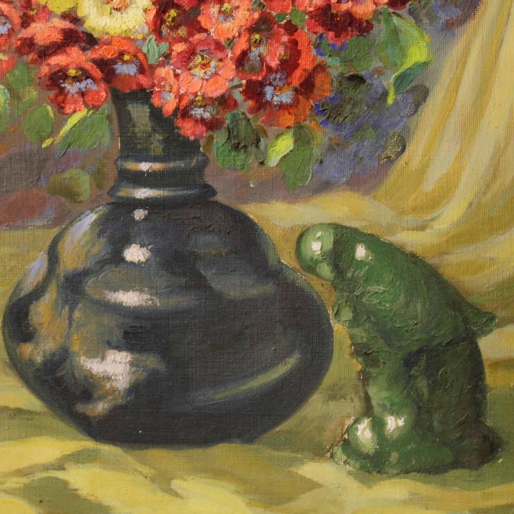 Mid-20th Century Italian Still Life Painting Vase with Flowers Oil on Canvas from 20th Century