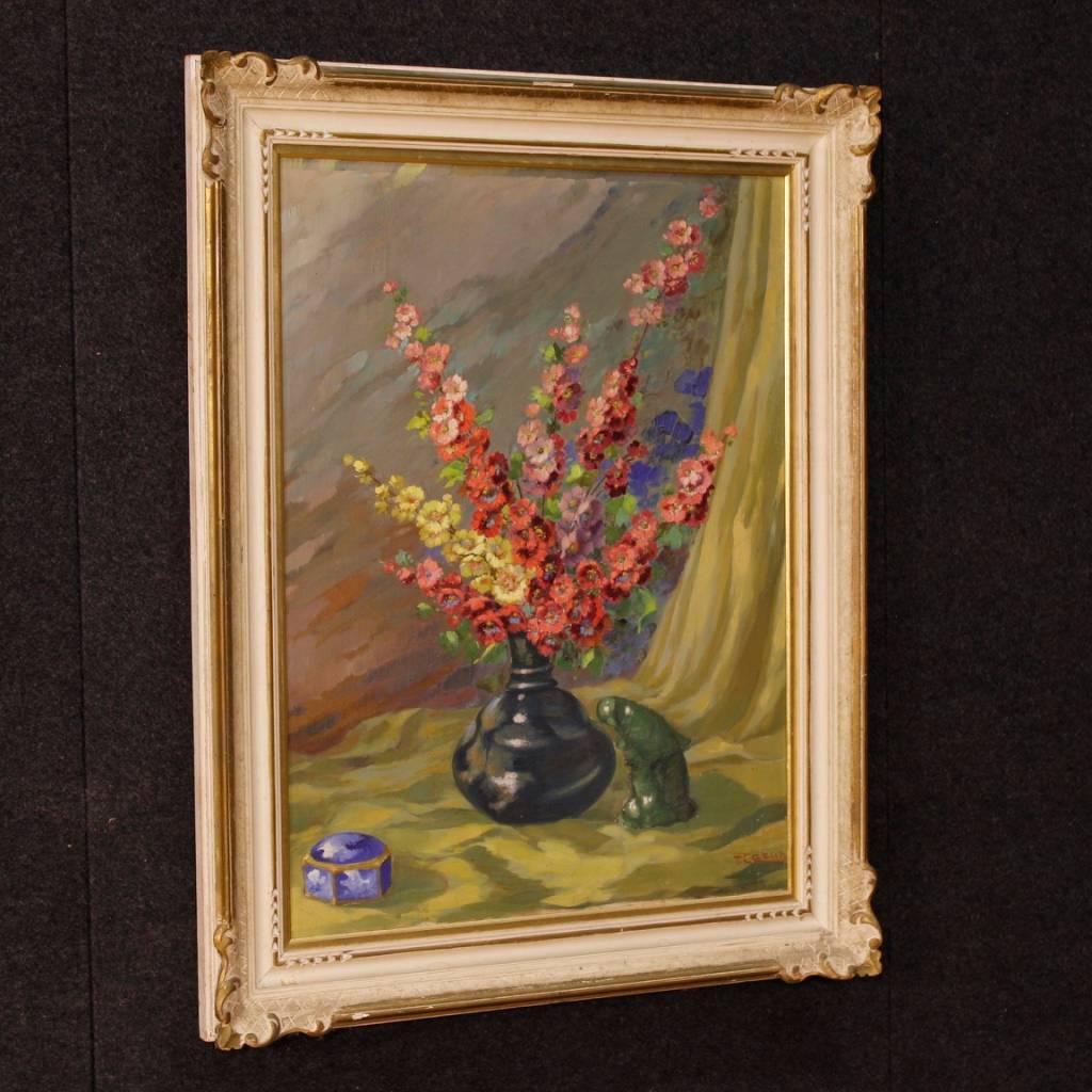 Italian Still Life Painting Vase with Flowers Oil on Canvas from 20th Century 1