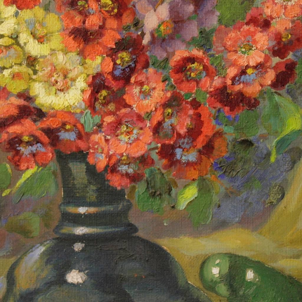 Italian Still Life Painting Vase with Flowers Oil on Canvas from 20th Century 2
