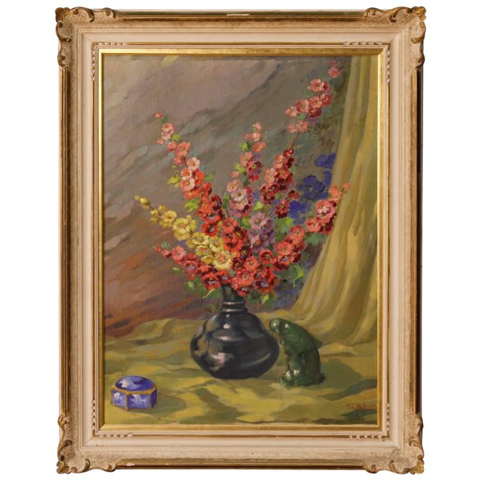 Italian Still Life Painting Vase with Flowers Oil on Canvas from 20th Century
