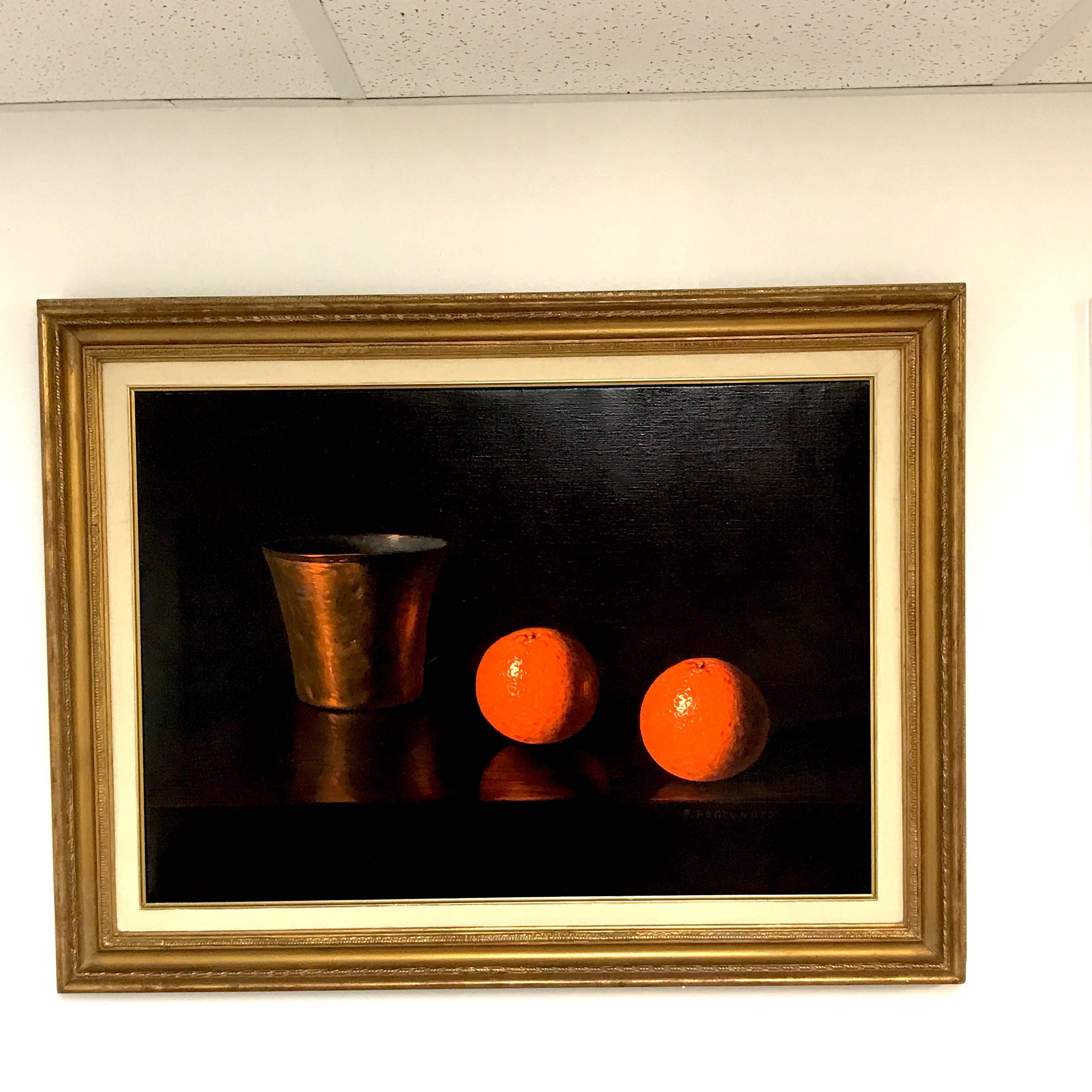 Italian still life Persimmons & Copper, by P. Fortunato
Oil on canvas
27.5' x 19.5'
Signed Lower Right & verso with inscription and date of 1970.
In a gold leaf Frame 34